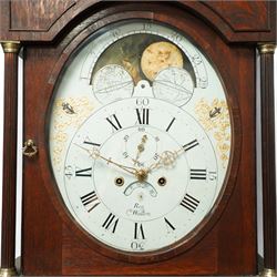 Rea of Walton on Trent (Derbyshire)-8-day Oak cased Longcase clock c1810, case with a swan necked pediment, brass parterre and a ball and eagle brass finial, bespoke hood door flanked by reeded pilasters with brass capitals, trunk with conforming recessed quarter columns and twin spire topped door, on a square plinth with canted corners and an optional detached base, comparatively rare painted oval dial with gesso decorated spandrels and a moon dial to the arch, chapter with Roman numerals, minute markers and Arabic quarter minutes, matching stamped brass hands with a subsidiary seconds dial and date aperture, dial pinned via an 