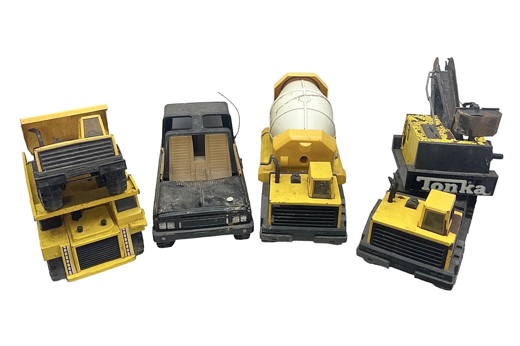 Tonka - five large scale pressed steel vehicles comprising Cement Mixer, Mighty Mobile Crane, Jeep and two Dumper Trucks (5)