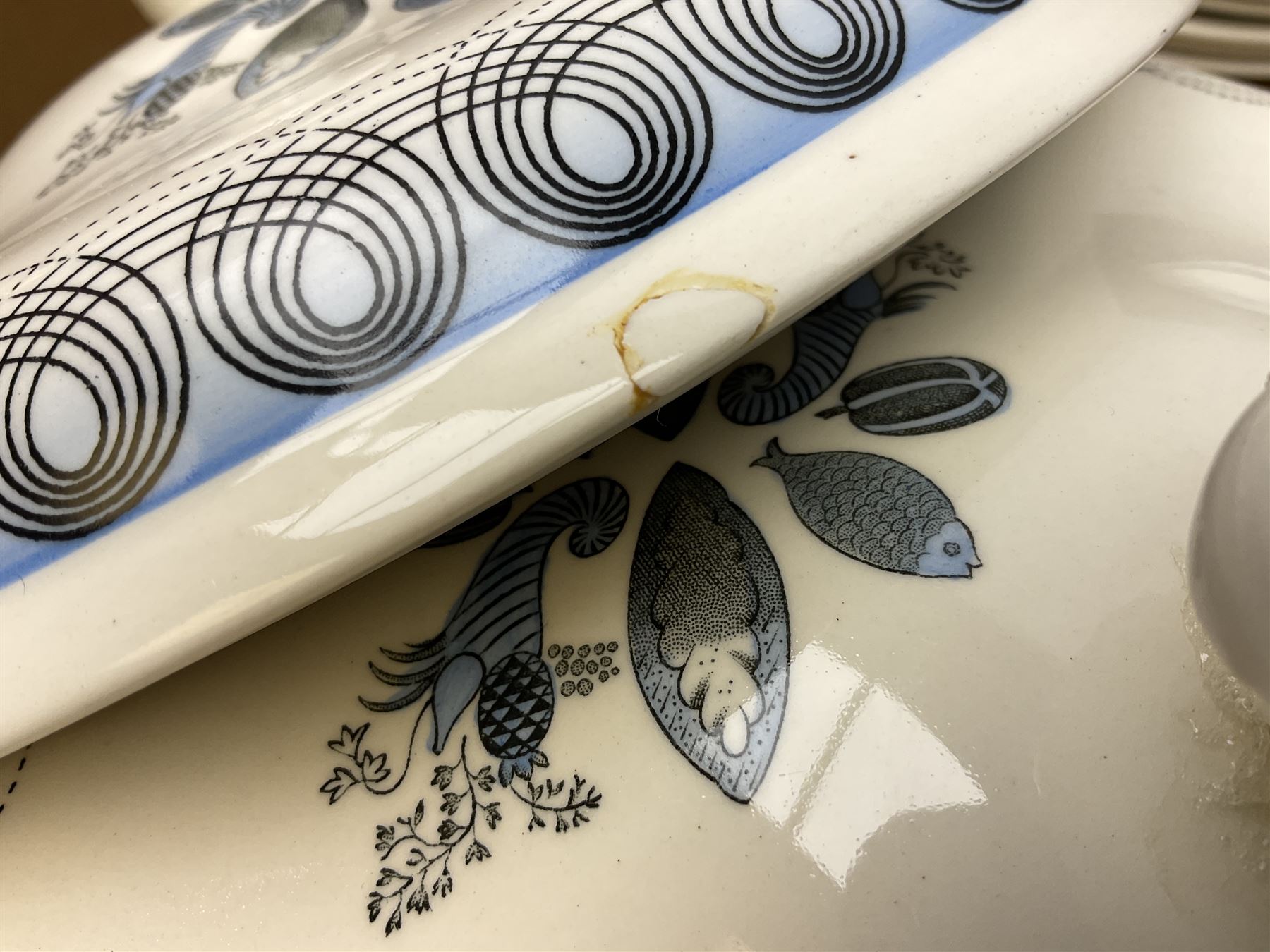 Wedgwood Persephone pattern part tea and dinner service, designed by Eric Ravilious, eight dinner plates, eight side plates, eight dessert plates, two covered tureens, meat platter, coffee pot, eight coffee cans and saucers, milk jug, covered sucrier etc (64)