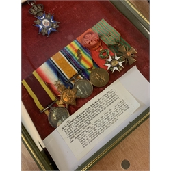 Group of seven medals/awards to Col. Stephen Fraser Clark M.B. R.A.M.C. comprising Victoria China 1900, no bar (Major S.F. Clark R.A.M.C.); 1914 Star (Lt.-Col. S.F. Clark R.A.M.C.); British War Medal 1914-20 and Victory Medal 1914-19 with oak leaf (Col. S.F. Clark); French Legion of Honour 1870 4th class enamelled; French Croix de Guerre 1914 -1916 with bronze star on ribbon; and Serbian Order of St. Sava 3rd Class silver gilt and enamelled neck badge; framed with some biographical information