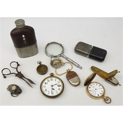  Vesta case in the form of a hip flask, two hip flasks, gold plated pocket watch, 8 Day pocket watch, pocket compass with loop, another early 20th century brass loop, folding knife and fork and miscellanea in one box  