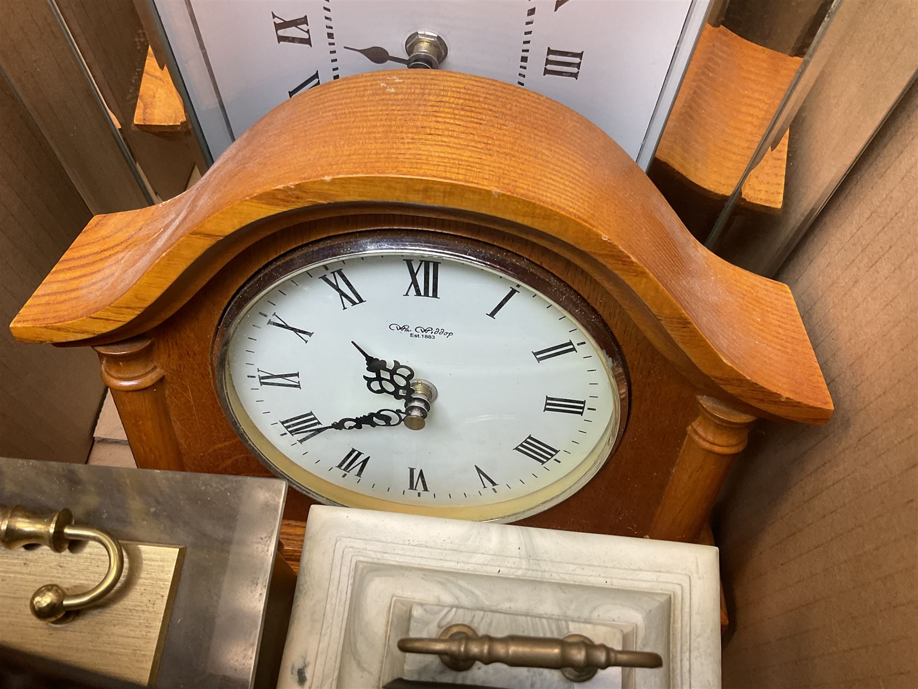 Collection of mantel clocks, including Aynsley Portlandware clock, four
