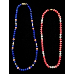 Lapis lazuli, coral and pearl necklace, with 14ct gold clasp and a coral and pearl necklace, with 9ct gold clasp, both stamped (2)