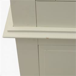 Modern white three door wardrobe, with two hanging section and shelving area, above a long drawer and a short drawer to the base, raised on a moulded plinth