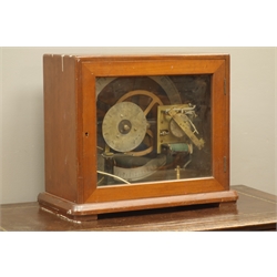  Gents' of Leicester Pul-Syn-Etic Impulse factory time clock with silvered Day & Time dials, in mahogany case with glazed door, W48cm, H40cm, D24cm  