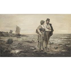 English School (19th century): Fishergirl and Courtier in a Coastal Landscape, oil on canvas en grisaille unsigned 30cm x 47cm