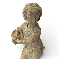 Weathered cast stone statue of a child and urn planter on pedestal along with three piece bird bath