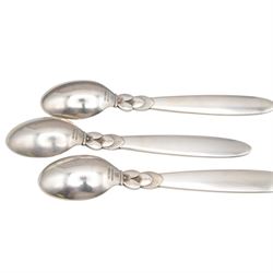 Set of twelve early 20th century Danish silver Cactus pattern demitasse spoons by Georg Jensen, marked for Georg Jensen, Denmark, also marked with Swedish national control mark and S standard mark for minimum 800 standard silver, contained within tooled leather David Andersen case with silk interior