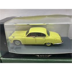 Nine Neo Scale Models 1:43 scale die-cast models including Daimler Majestic major, S&S Landau Hearse, Lagonda 3-litre 1955, Rover P4 Seventy-five, Jaguar 420Rover P5b Coupe etc; some boxed (9)