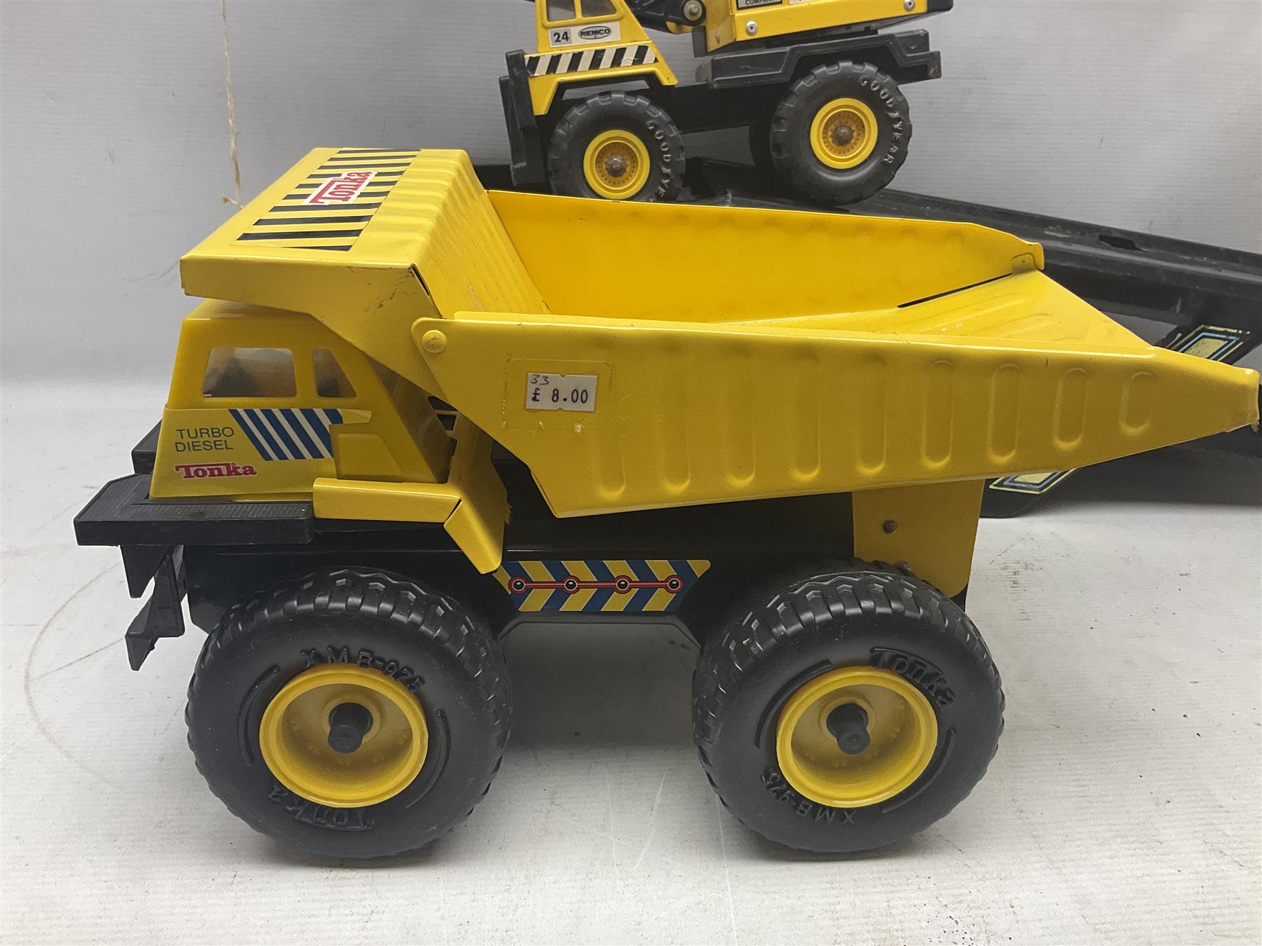 Tonka - five large scale steel pressed vehicles comprising Cement Mixer, Car Transporter, Mobile Crane and two Dumper Trucks (5)