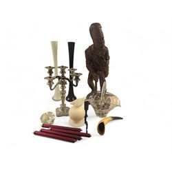 Carved wooden figure of a man holding a pineapple, together with a silver plated candelabrum, cut glass basket, etc, figure H64cm