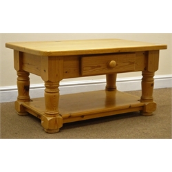  Pine coffee table, single drawer, turned supports joined by single undertier, W91cm, H49cm, D62cm  
