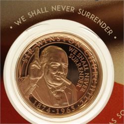 The London Mint Office 'Winston Churchill Inspiration To A Nation', part coin set including Queen Elizabeth II Gibraltar 2015 24 carat gold 3.112 grams ten pound coin etc, in card folder