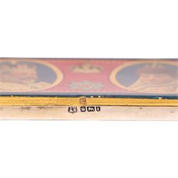 Edwardian silver and enamel Coronation chocolate box, the lid enamelled with oval portraits of King Edward VII and Queen Alexandra and inscribed: Coronation Day June 26th 1902, hallmarked Sheffield 1901 Cooper Brothers and Sons, in original presentation case


