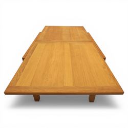 Contemporary square light oak extending dining table, and set of four chairs, table extends to 180cm