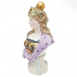 Continental bisque bust of a Queen H28cm and another of horse with jockey and dog H33cm x L31cm