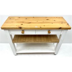Painted pine kitchen buffet table,  two drawers above to under tears, square supports