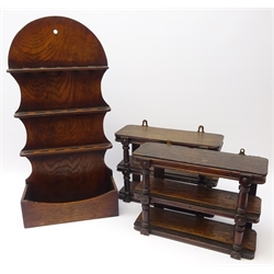  19th century oak spoon rack, H66cm and a pair of oak, three tier, wall mounted shelves, H27cm (3)  