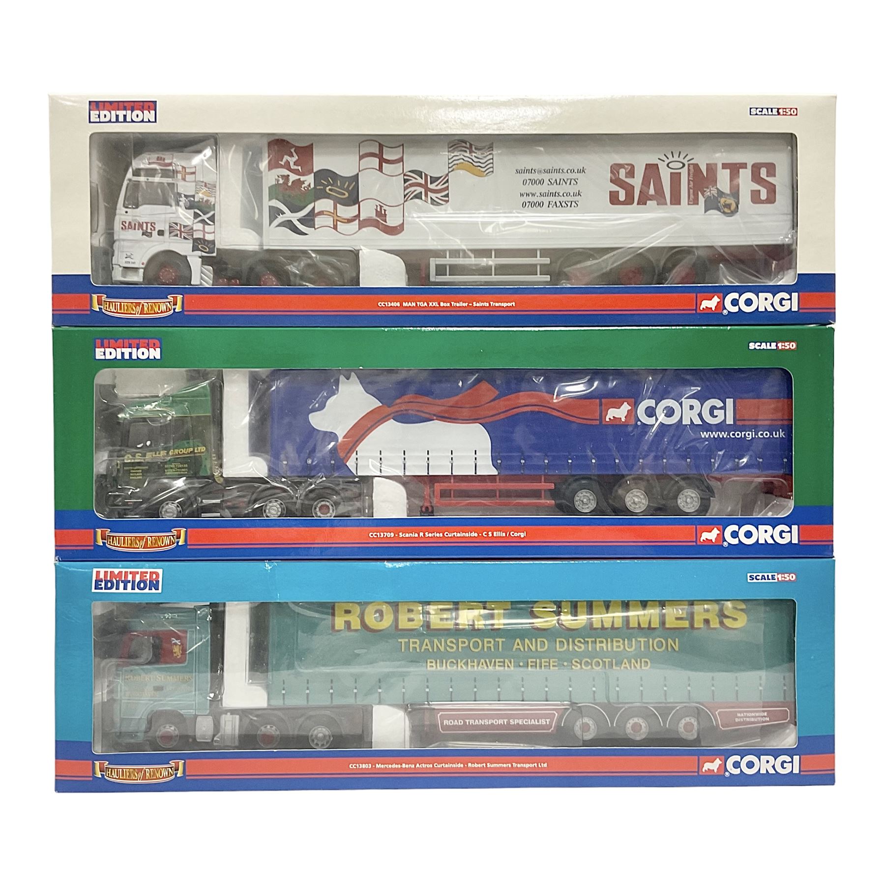 Corgi - three 'Hauliers of Renown' limited edition 1:50 scale heavy haulage vehicles comprising CC13803 Mercedes-Benz Actros Curtainside Robert Summers Transport Limited; and CC13406 MAN TGA XXL Box Trailer Saints Transport; all boxed (3)
