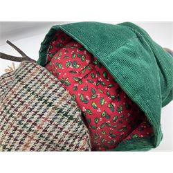 Lakeland Bears teddy bear, titled 'Walkright', dressed as a hiker in green corduroy duffle coat over fair isle jumper, trousers and knit socks, complete with leather clogs with wood soles, walkers thumb stick, knitted scarf, flat cap and rucksack housing original tag and map, H50cm