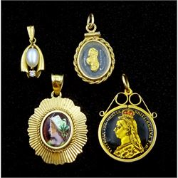 14ct gold enamel pendant stamped 585, 9ct gold pedant set with an enamelled Victorian coin hallmarked, 14ct gold pearl and cubic zirconia pendant and one other gilt pendant