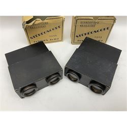 Two Stereofilms Bruguiere stereoscopes with seven boxes of related stereo positive slides to include one colour example entitled ‘Si Versailles m’etait conte’ Serie No.1, all in original boxes