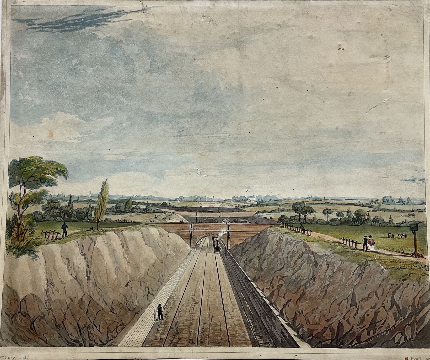 Henry Pyall and S G Hughes after Thomas Talbot Bury (British 1811-1877): Views on the Liverpool and Manchester Railway, twelve aquatints (two doubled up) with hand colouring pub. Ackermann c.1831-1833, 20cm x 25cm (12) (unframed)
Notes: Plates consist of: '[1] The Tunnel' (x2) (both 1831 and 1833 editions), '[2] Entrance of the Railway at Edge Hill Liverpool', '[3] Excavation of Olive Mount four miles from Liverpool', '[6] Entrance into Manchester across Water Street', '[8] Railway Office Liverpool', '[9] Warehouses at the end of the Tunnel towards Wapping' (x2) (both 1831 and 1833 editions), '[10] Moorish Arch looking from the Tunnel' '[11] Near Liverpool looking towards Manchester', '[12] Rainhill Bridge', '[13] Taking in Water at Parkside'.