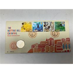 Eight coin covers including, 'Her Majesty Queen Elizabeth II 70th Birthday' containing a 1996 Canadian one ounce silver coin, three coin covers commemorating the 21st Birthday of HRH Prince William each containing a silver coin, '1895 1952 A Tribute to HM King George VI' containing a South Africa 1952 five shilling coin, 'The Notting Hill Carnival' containing a 1998 fifty pence etc (8)