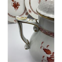 Herend Chinese Bouquet Rose pattern tea service comprising teapot, coffee pot, open sucrier, six cups and saucers, six tea plates, cream jug and stand, milk jug, two teabag holders, preserve pot, two leaf shaped dishes, four egg cups, salt & pepper pots, pair side plates and another plate