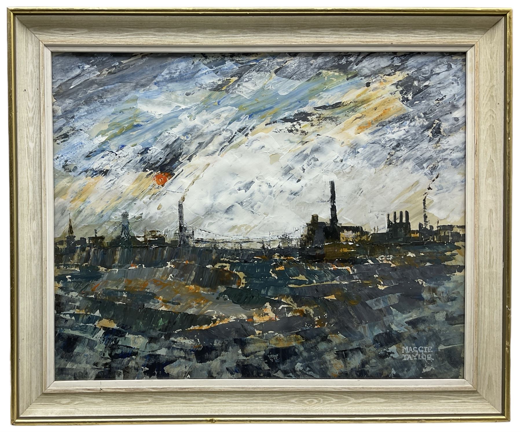Maggie Taylor (British 1962-): Northern British Industrial Cityscape, oil on board signed 29cm x 37cm