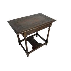 Victorian ecclesiastical oak side table, rectangular top carved with triangular lunettes, on stretcher base