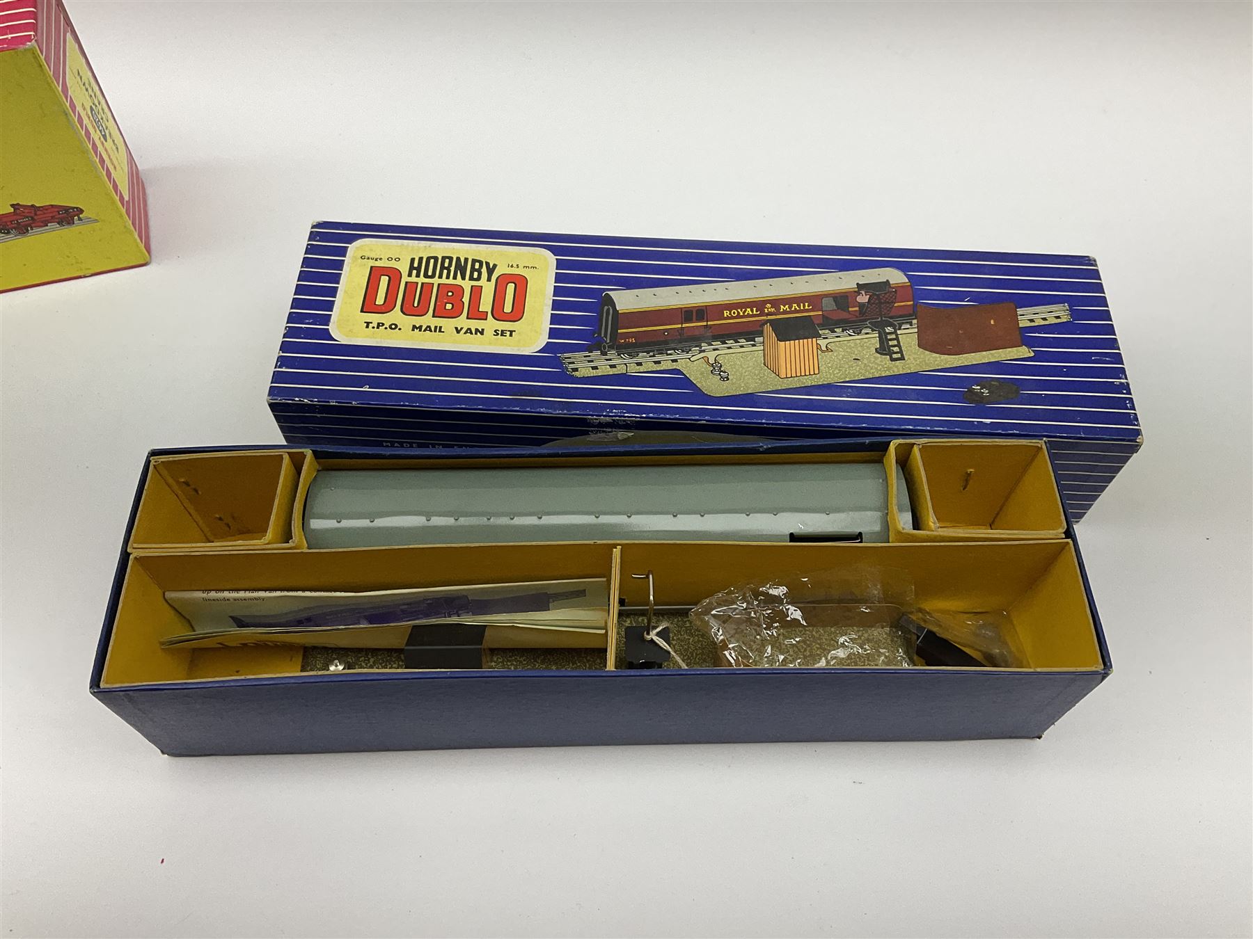 Hornby Dublo - Breakdown Crane No.4062 boxed with screw jacks; D1 Girder Bridge, boxed; and T.P.O. Mail Van Set, boxed with instructions, mail bags, switch and tested tag (3)