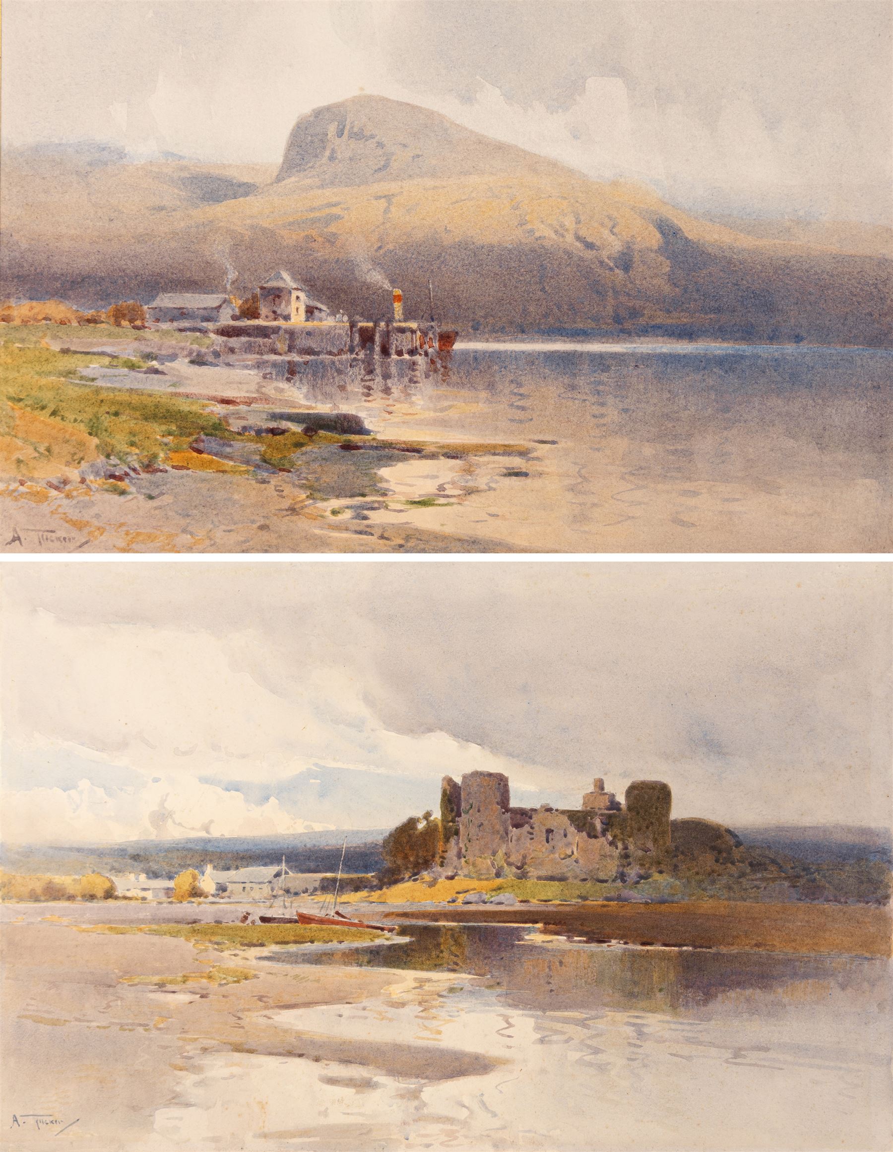 Arthur Tucker (British 1864-1929): 'Ben Nevis from Corpach' and 'Laugharne Castle - Carmarthenshire', two watercolours signed, one titled on the mount, the other titled verso, max 30.5cm x 46cm (2) (unframed)
