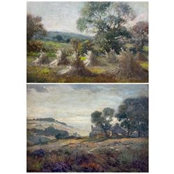 William Ashton (British 1853-1927): Haystacks 'Farm Scene' and 'Farmhouse with Sheep', pair oils on board signed, labelled verso 30cm x 40cm (2)