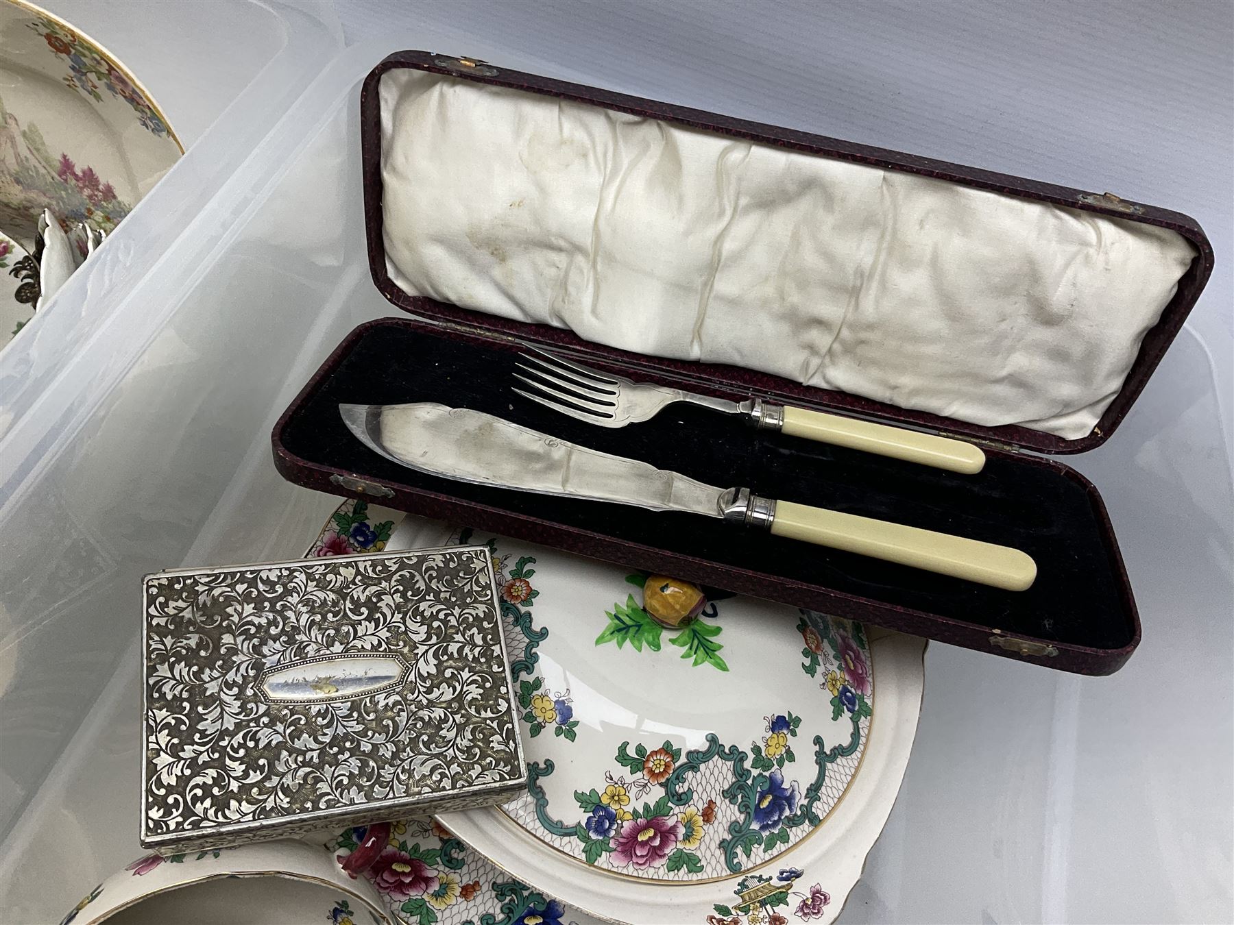 Royal Cauldon Victoria pattern dinner wares to include lidded tureen, dinner plates and twin handled soup bowls, together with Bisto and Blairs tea wares, cased fish slice and fork, silver plated metalware etc in two boxes