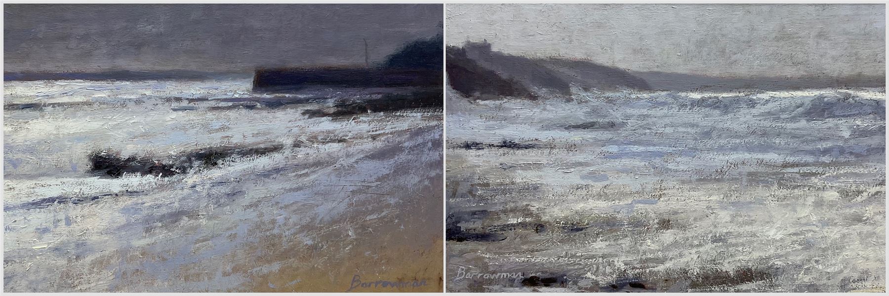 Andrew Barrowman (British Contemporary): Portleven Cornwall, pair oils on panel signed each 15cm x 26cm (framed as one)