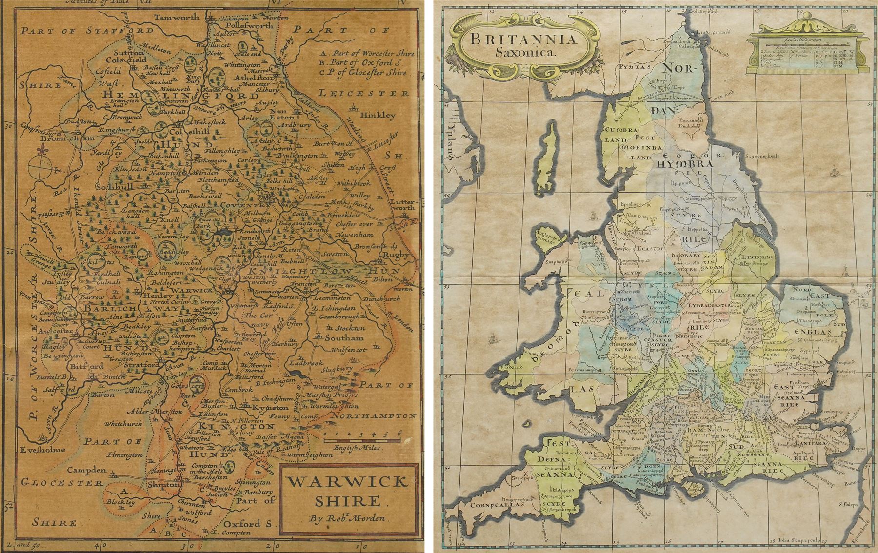 Robert Morden (British c.1650-1703): 'Britannia Saxonica' and  'Warwickshire', two 17th/18th century engraved maps with hand-colouring max 38cm x 31cm (2)