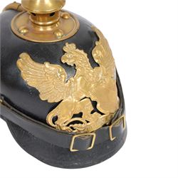 WWI Prussian M1895 Pickelhaube, Infantry 48 3rd battalion, the black leather skull with brass spike finial, brass eagle helmet plate and leather chin strap, one side with a black cockade, with leather lining  marked JR48 
