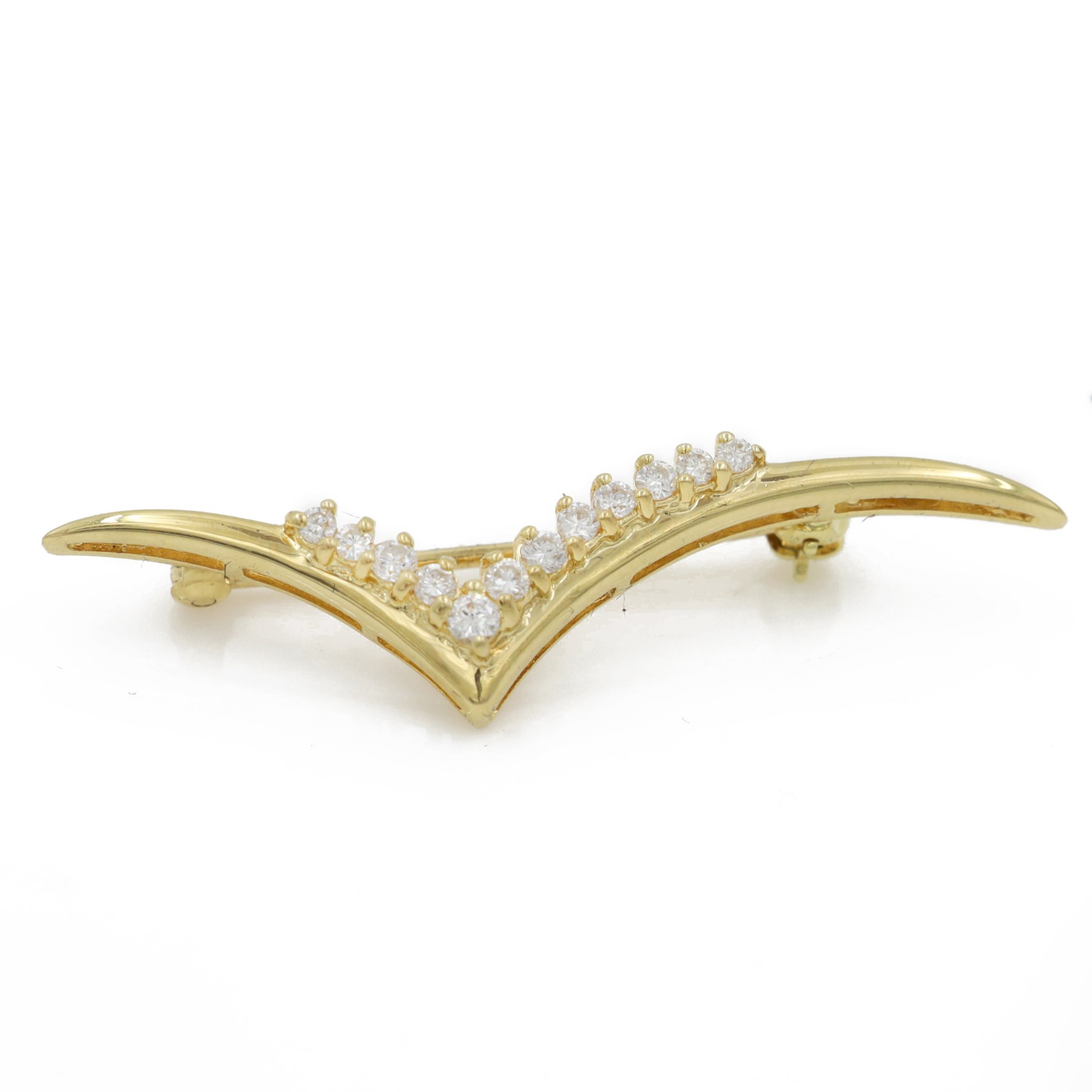 18ct gold diamond wishbone brooch, set with twelve round brilliant cut diamonds, stamped 750, boxed