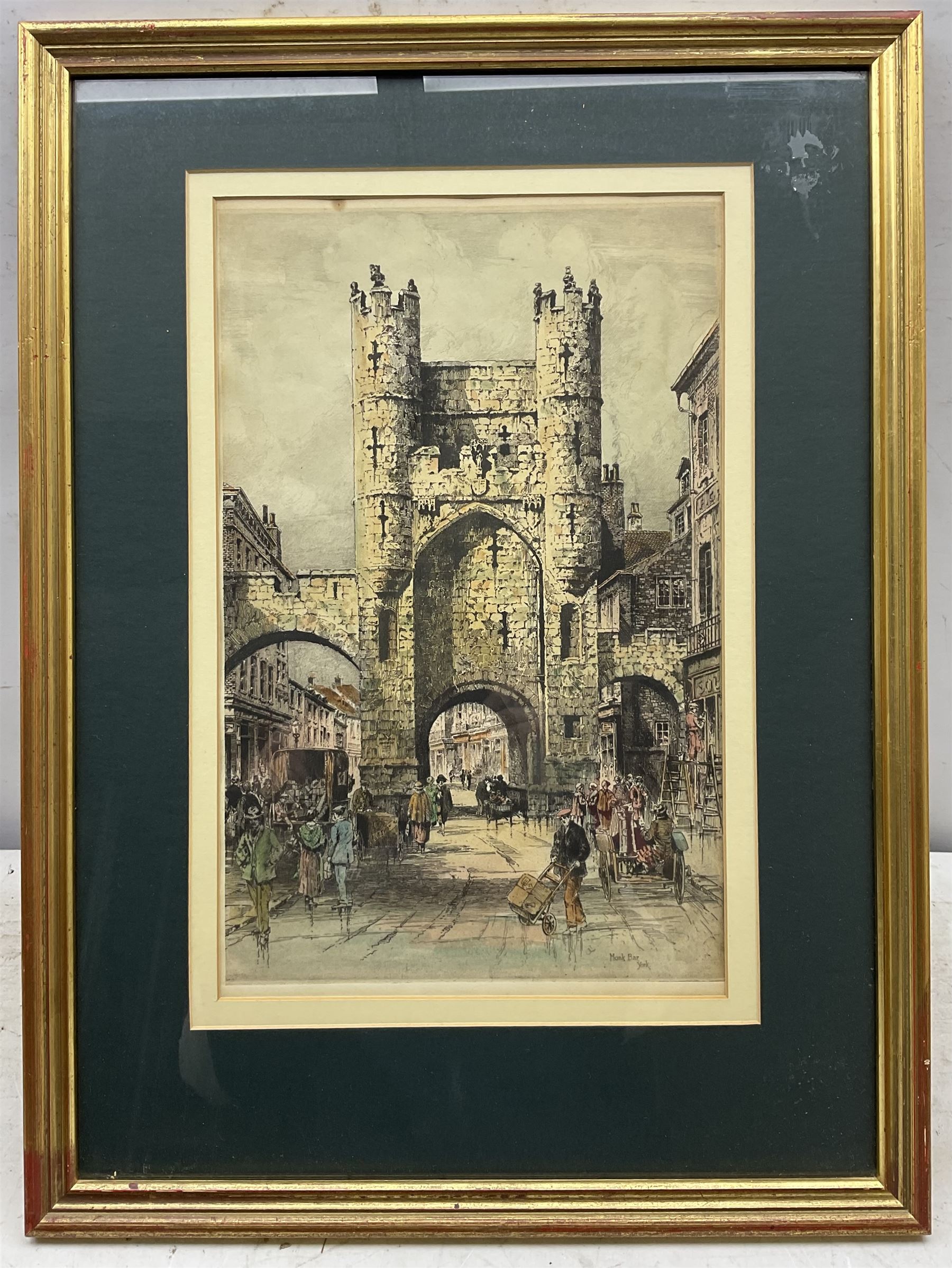 Albany Howarth (British 1872 - 1936): 'Micklegate Bar' and 'Monk Bar' York, pair hand-coloured etchings, one signed in pencil 40cm x 25cm (2)