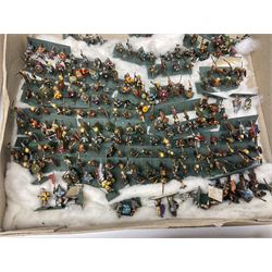 Painted metal wargame figures - over four hundred including Normans and Saxons, Romans, British Tribes etc; together with a quantity of part-painted and unpainted figures, battlefield weapons and accessories etc; average size 25mm