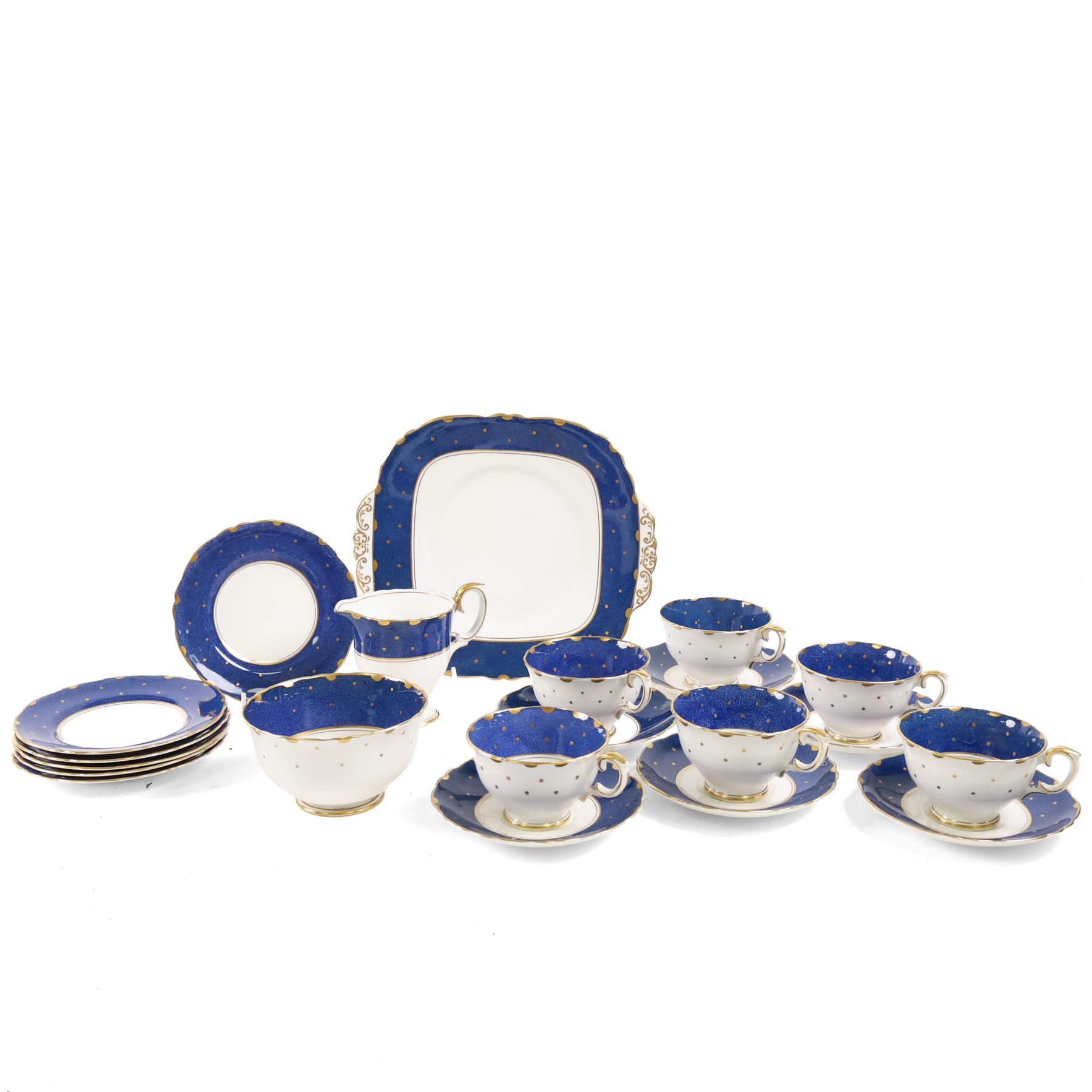 Crown Staffordshire Polka Dot tea service for six, comprising cups and saucers, milk jug, open sucrier, side plates and cake plate