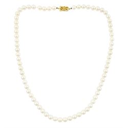 Mikimoto single strand cultured white pearl necklace, with 18ct gold clasp, stamped 750, boxed with certificate dated 1983