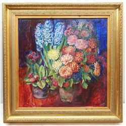 Martin Dutton (British 1939-): Still Life with Hyacinths, oil on board signed 55cm x 55cm