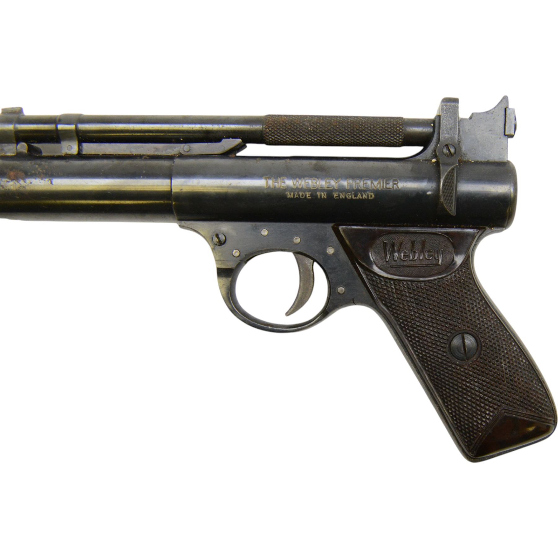 
Webley Premier .22 air pistol, batch 181, Series D with 5 pin trigger block, the air chamber marked The Webley Premier, Made in England, Webley & Scott Ltd. Birmingham, with brown checkered grip, H14cm, L19cm