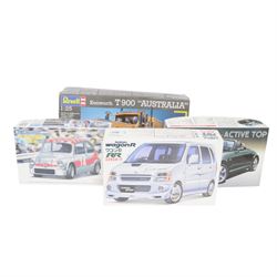 Ten vehicle model kits of varying scales, comprising Academy Boeing B-17G Flying Fortress, Revell Boeing 747-400, Revell Jeb Allen's Praying Mantis, Revell Kenworth T900 Australia, Aoshima Copen Active Top, Revell 56 Ford F-100 Pickup, Tamiya Honda CR250R Motocrosser, Fujimi Suzuki WagonR, Gunze Sangyo Fiat Abarth 1000TCR Berlina and Monogram Metal Master Packard Boattail Speedster, all boxed