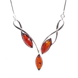Silver three stone marquise amber necklace, stamped 925