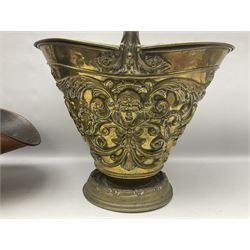 Victorian Benham & Froud Arts and Crafts brass coal scuttle, with Victorian diamond registration mark, together with a copper and brass scuttle of helmet form, tallest H50cm