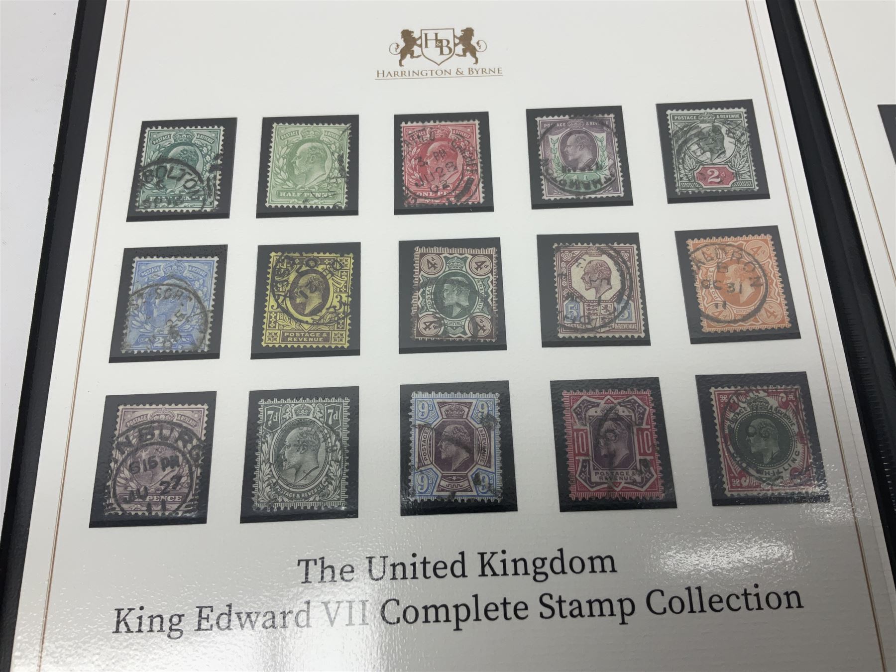 Great Britain King Edward VII one pound green stamp, two shillings sixpence purple, five shillings red, ten shillings blue etc, forming 'The United Kingdom King Edward VII Complete Stamp Collection', all used, previously mounted, housed in a Harrington and Byre folder