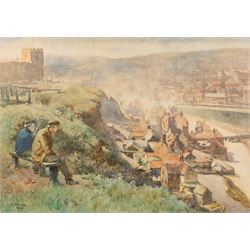 Albert George Stevens (Staithes Group 1863-1925): Fishermen overlooking The Haven Under th...